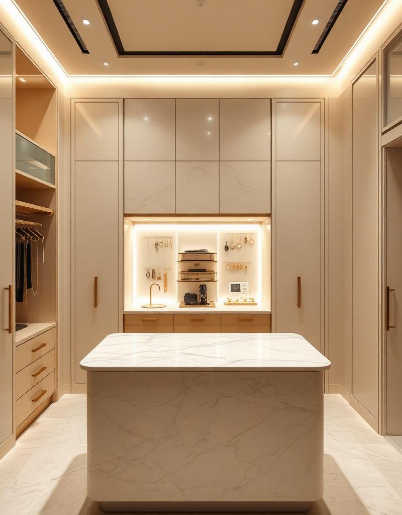 His-and-hers closet with custom island and boutique-style display