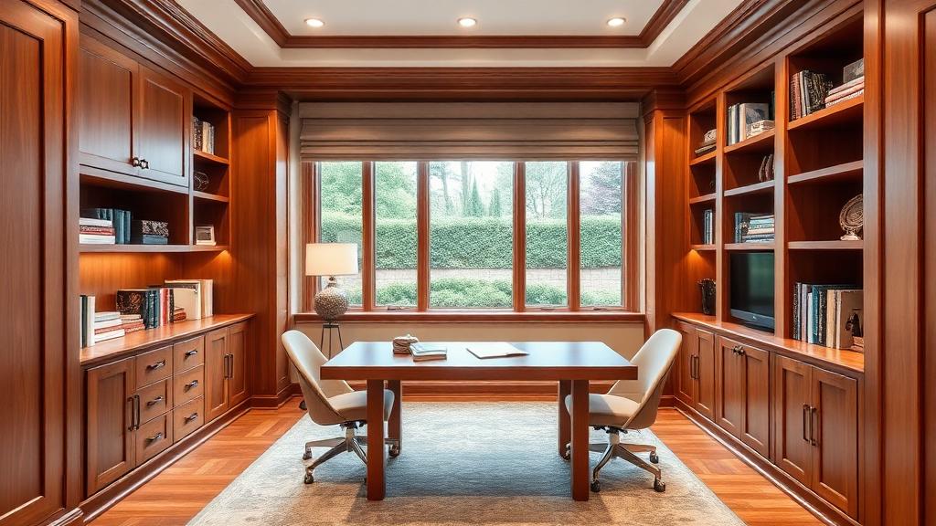 Custom home office with built-in desk and cabinetry